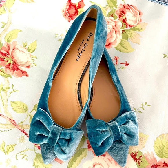 Dee Ocleppo Velvet Bow Turquoise Blue Green Flat Pump Size 9 Leather - Picture 1 of 13